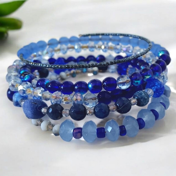 Hand Crafted Jewelry - Hand Crafted Blue Crystal Beaded Bracelet Memory Wire Multi Strand Plus Colorful